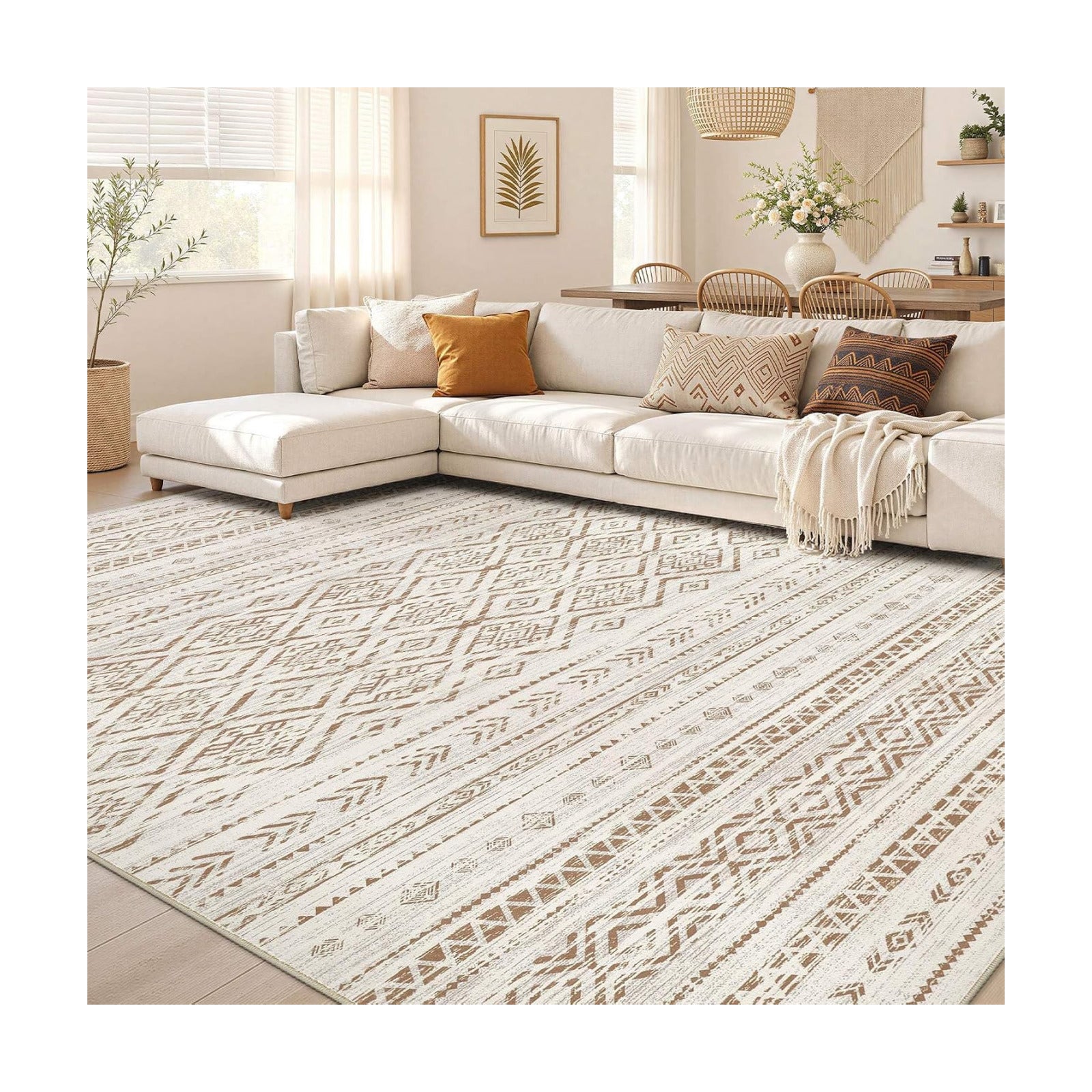 Nakagishi Area Rug Living Room Rugs: 7x9 Large Soft Machine Washable Boho Moroccan FarmNeutral Stain Resistant Indoor