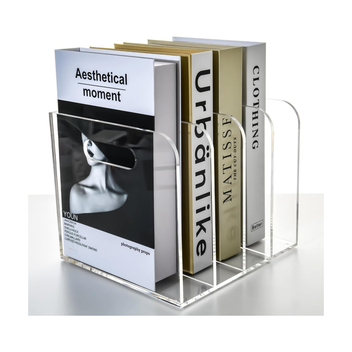 Acrylic File Holder for Desk - 4 Slot Vertical Magazine Organizer & Bookend - Clear Document Sorter Rack for Folders