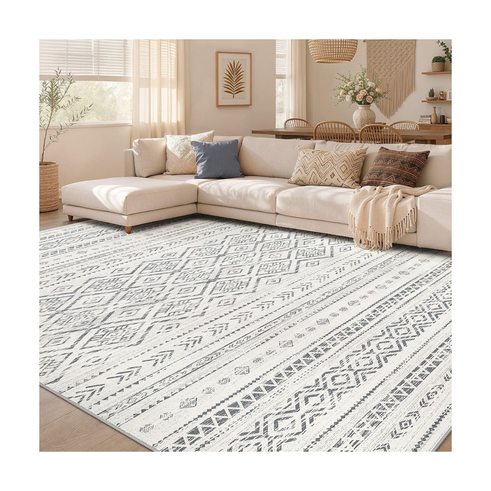 Nakagishi Area Rug Living Room Rugs: 9x12 Large Soft Machine Washable Boho Moroccan FarmNeutral Stain Resistant Indoor