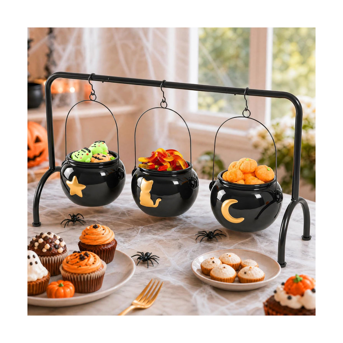 Halloween Party Decorations, 3 Pack Ceramic Witches Cauldron Bowls on Rack