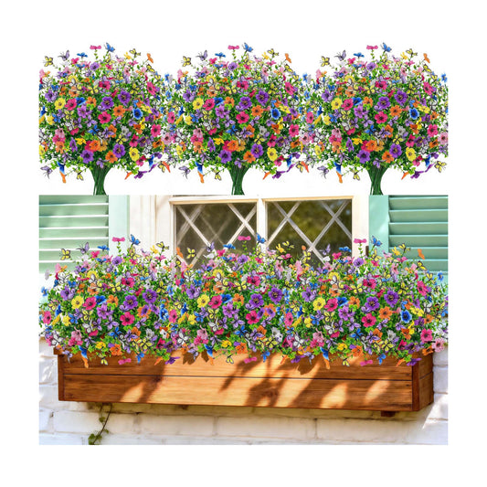 Der Rose 12Pcs Artificial Flowers for Outdoors, 8Pcs Silk Fake Flowers with 4Pcs Lifelike Butterfly Flowers, UV Resistant Faux Flowers for Outdoor Planters Window Boxes Patio Porch Garden Decoration