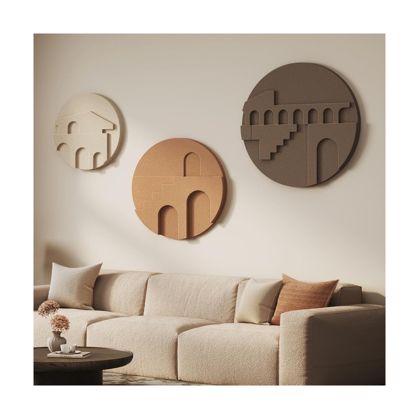 3D Textured Round Neutral Abstract Boho Wall Art for Living Room, 3 Piece