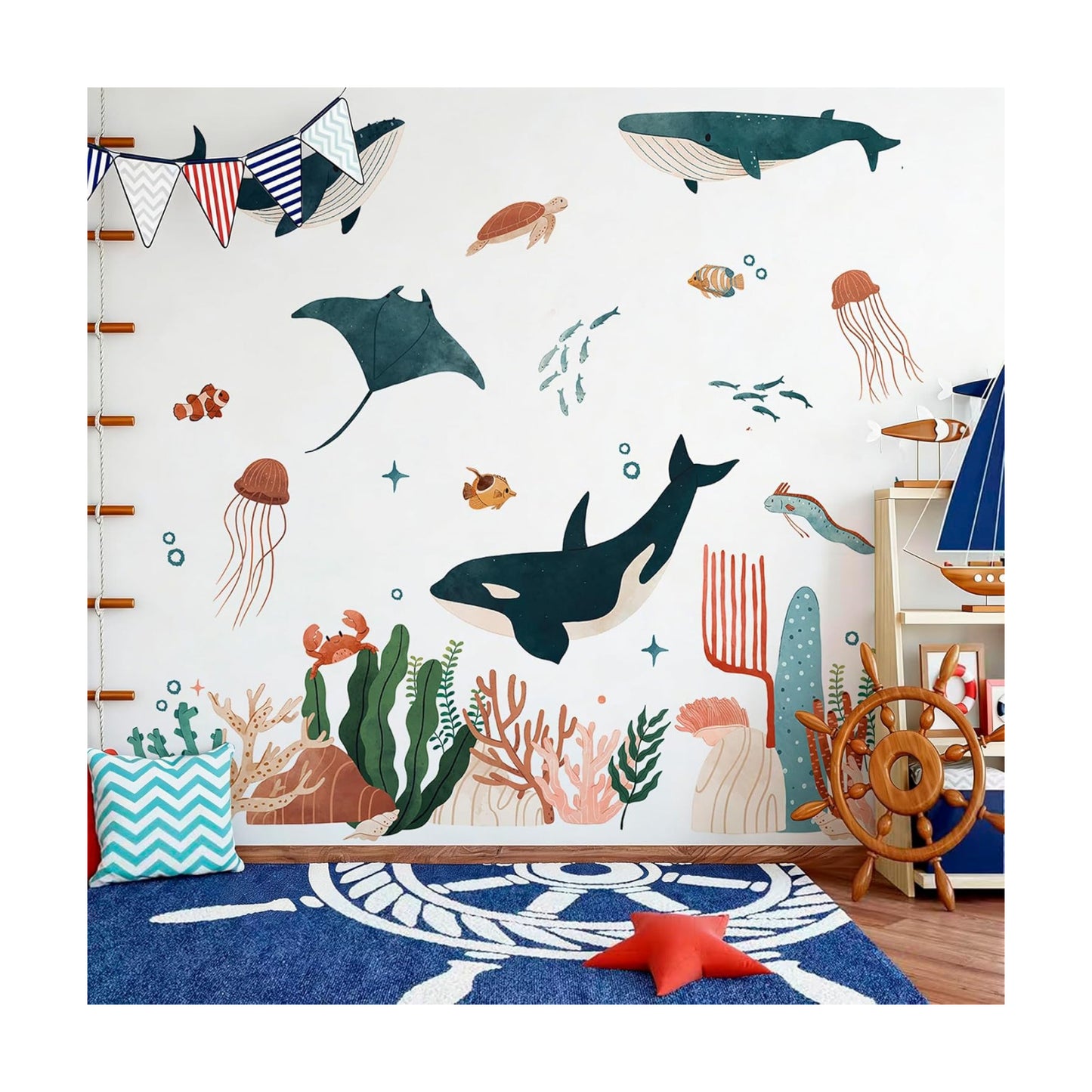 Large Ocean Wall Decals Jellyfish Whales Watercolor Peel and Stick Removable Under / Ocean Animals-b