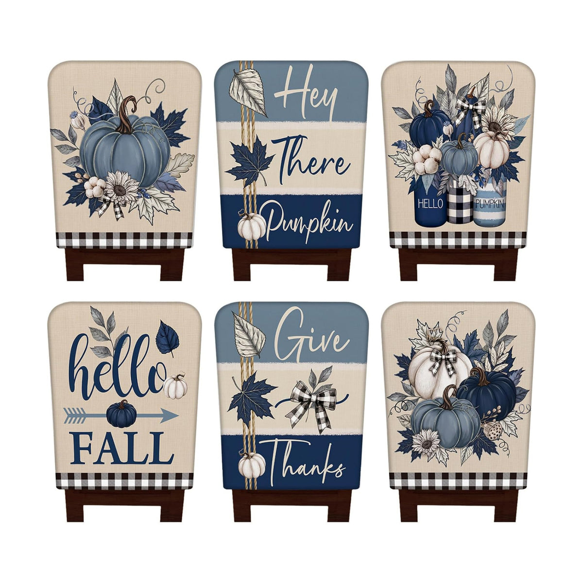 6 Pcs Fall Chair Covers, Vintage Blue Pumpkin Slipcovers