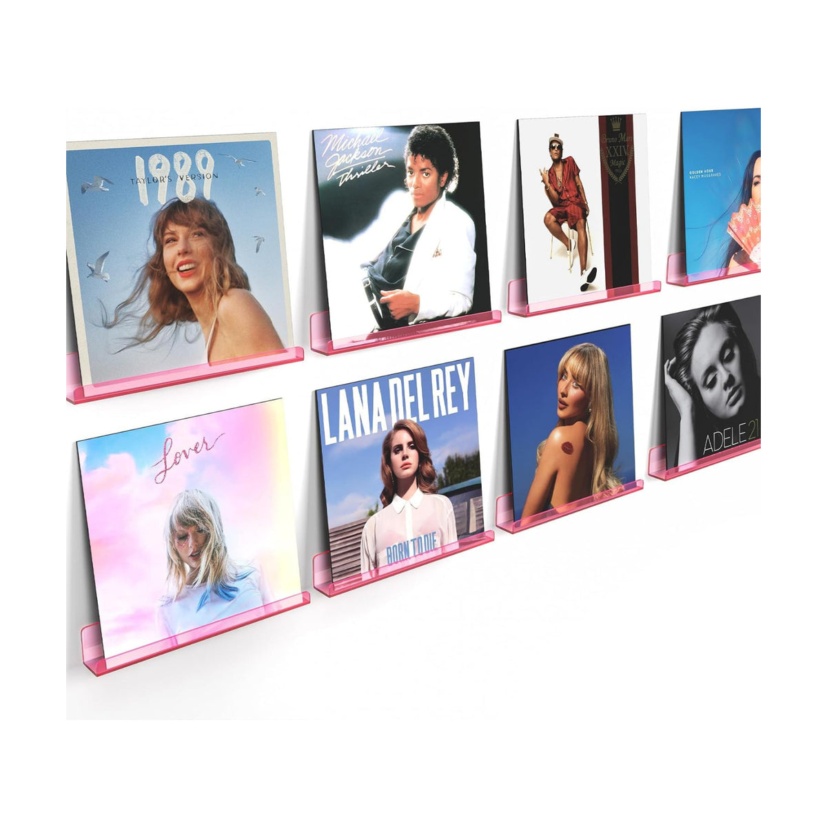 Vinyl Record Wall Mount Shelves, 12 inch Vinyl Holder, 8 Pack, Pink | Acrylic Floating Shelves for Album Record Storage