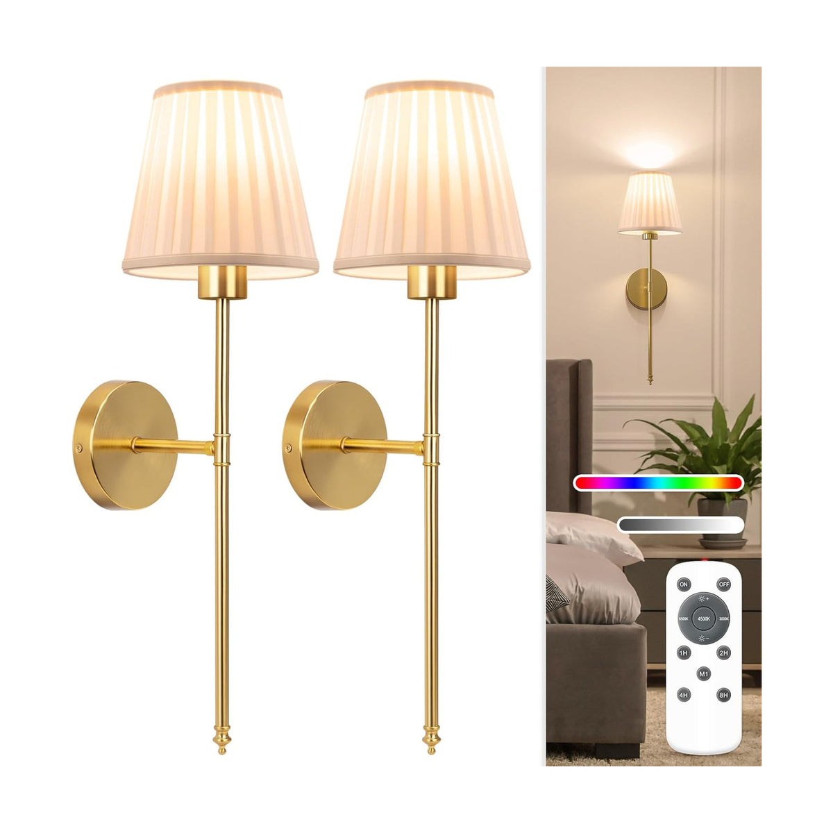 Battery Operated Wall Sconce Set of 2,Beige-Gold Rechargeable Wall Lights with 10400mAh Dimmable Bulbs and Remote, 9