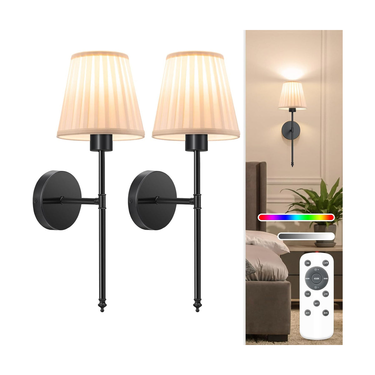 19.9 inch Battery Operated Wall Sconce Set of 2,Beige Black Rechargeable Wall Lights with 5200mAh Dimmable Bulbs and