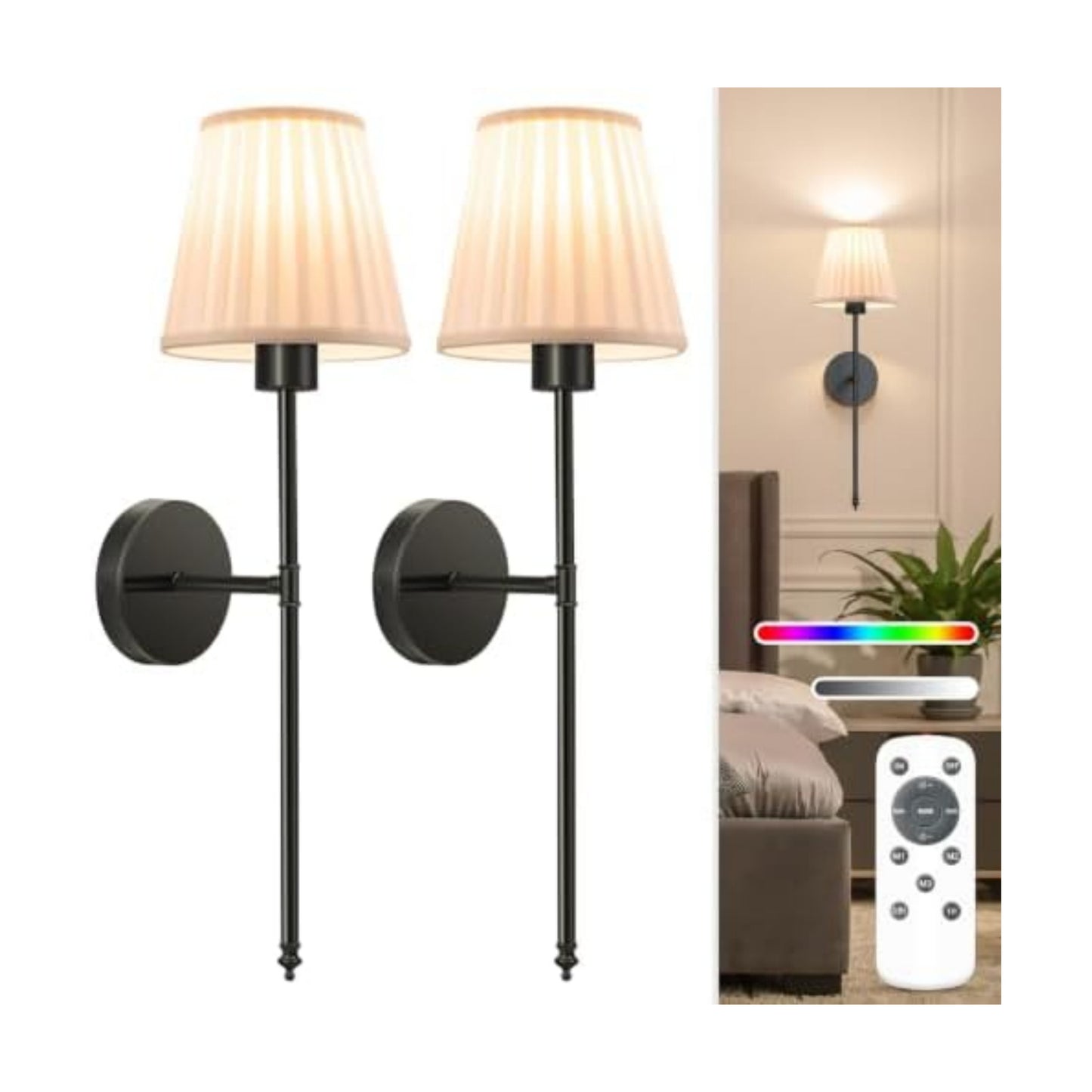 NIORSUN Battery Operated Wall Sconce Set of 2,Beige-Black Rechargeable Wall Lights with 10400mAh Dimmable Bulbs and