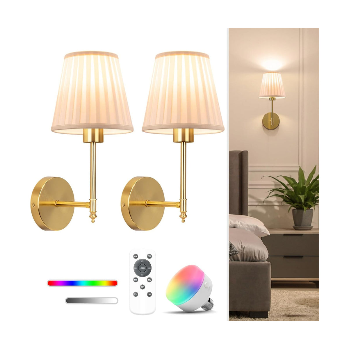 14.5 inch Battery Operated Wall Sconce Set of 2,Beige Gold Rechargeable Wall Lights with 10400mAh Dimmable Bulbs and