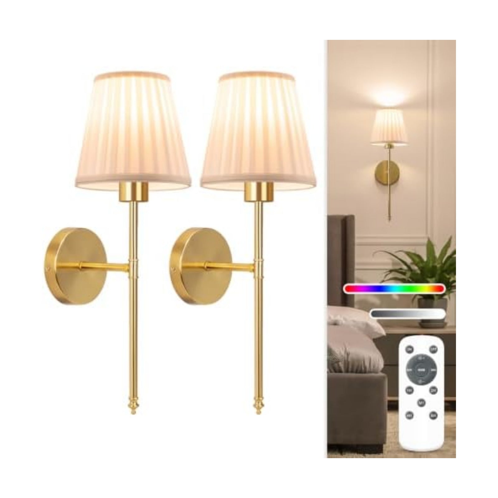 NIORSUN 19.9 inch Battery Operated Wall Sconce Set of 2,Beige Gold Rechargeable Wall Lights with 10400mAh Dimmable