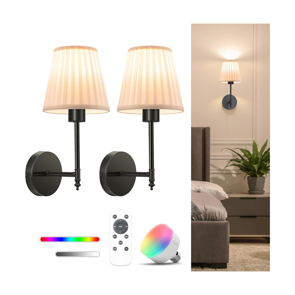 14.5 inch Battery Operated Wall Sconce Set of 2,Beige-Black Rechargeable Wall Lights with 10400mAh Dimmable Bulbs and