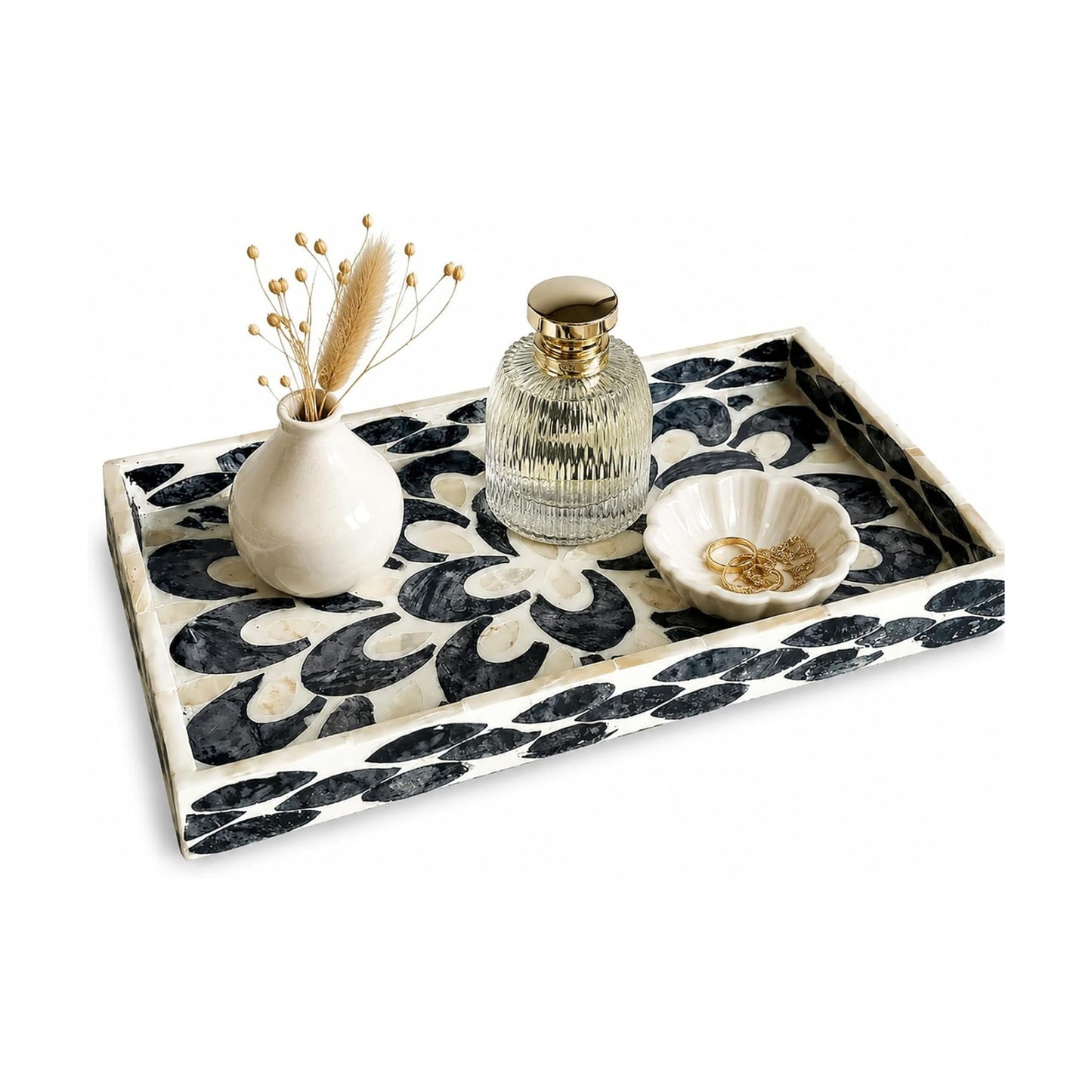Mother of Pearl Inlay Wooden Tray / Black Feathers