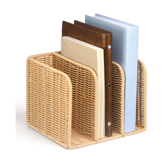 Novabright Synthetic Rattan File Magazine Holder Desk Organizer, 3 Vertical Compartments Workspace Sorters for