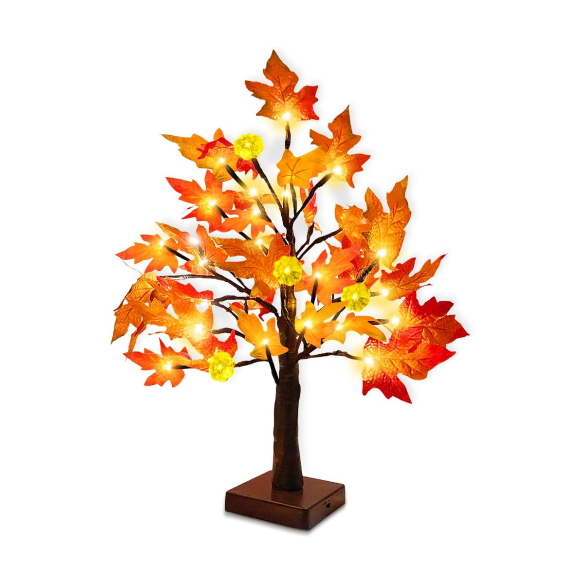 Prelit Fall Maple Tree with Pumpkin Lights Timer 24 Warm White LED 18 Inch