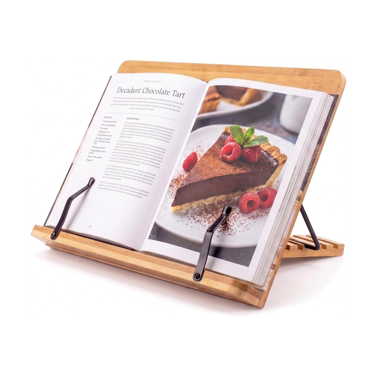 Bamboo Cookbook Stand Medium, Adjustable Book Holder Tray and Page Paper Clips -4-Position Recipe Book Stand Holds
