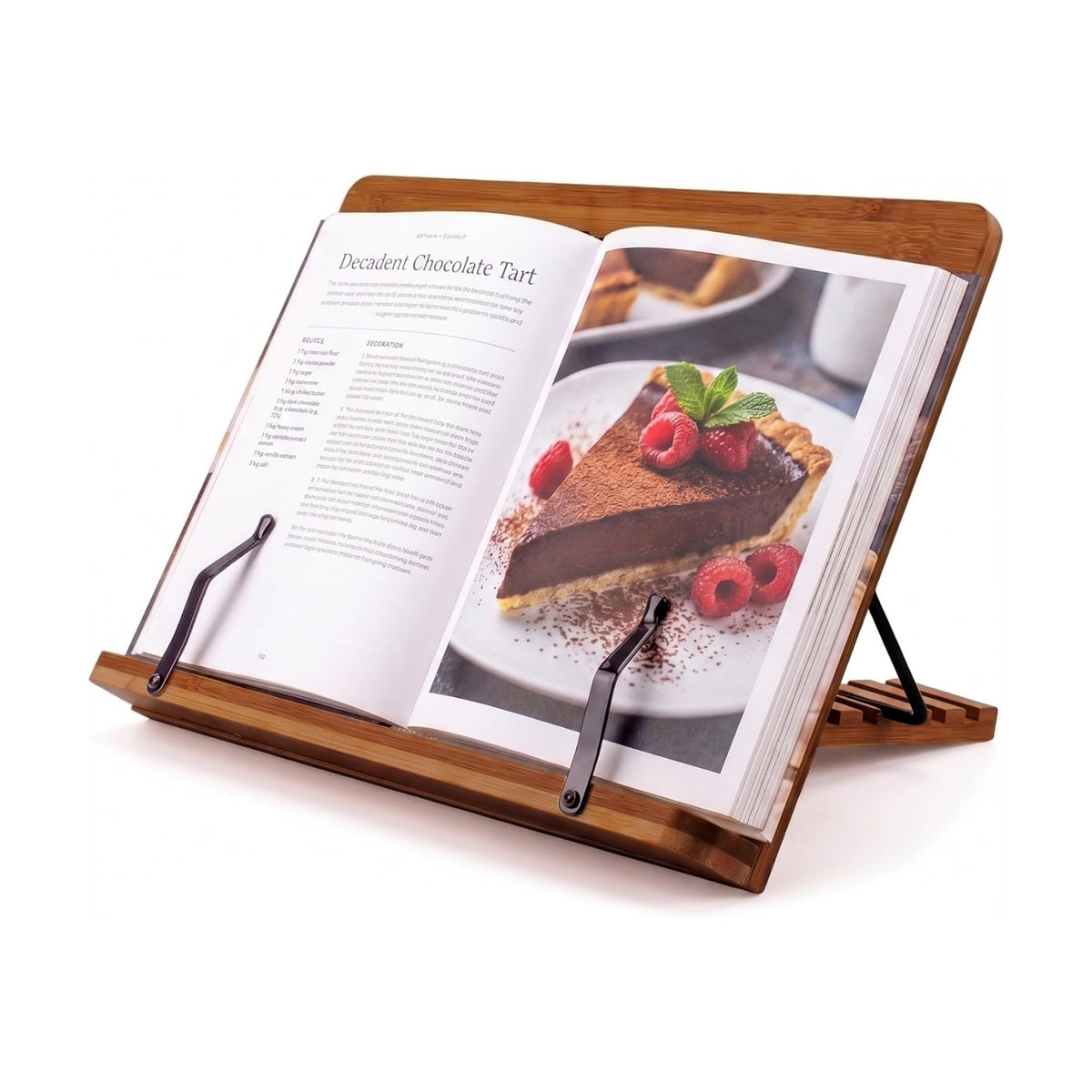 Bamboo Cookbook Stand Medium, Adjustable Book Holder Tray and Page Paper Clips - 4-Position Recipe Book Stand Holds