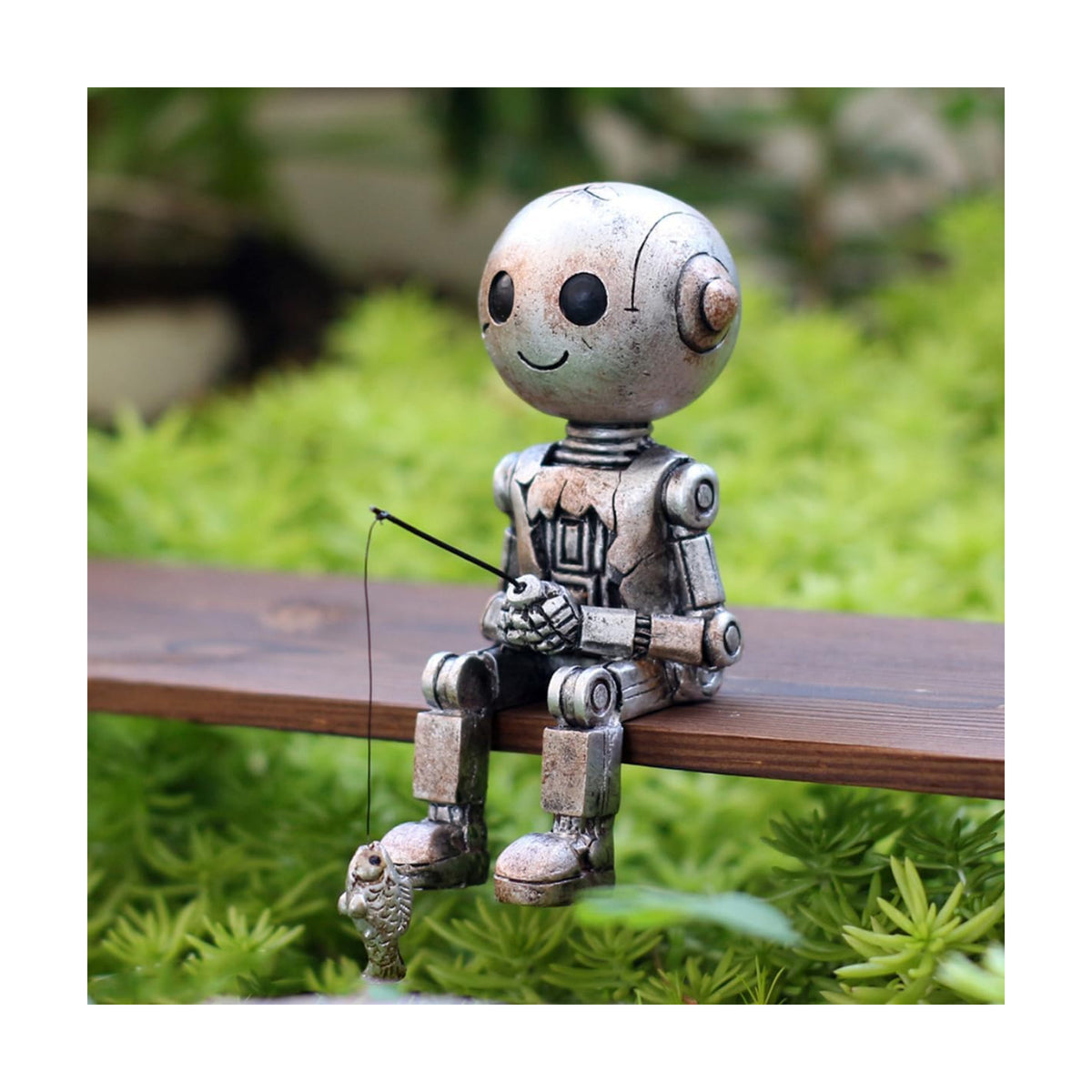 Fishing Robot Statue Funny Halloween Decorations, 4.33 Inch Cute Sitting Figurine Shelf Sitter Resin Sculpture for Outdoor Garden Yard Lawn Pond Waterfalls Pool Ornaments