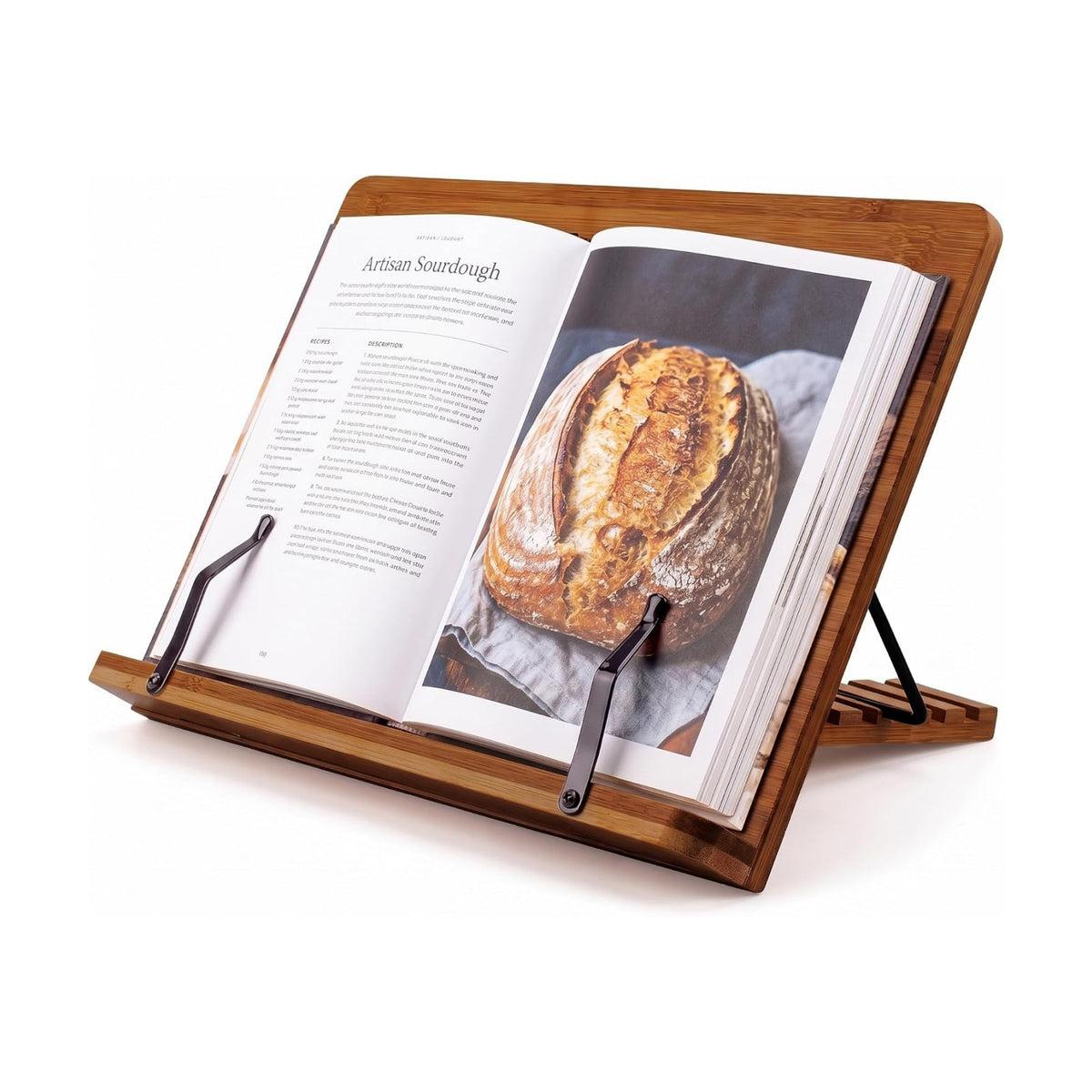 Bamboo Cookbook Stand Large, Adjustable Book Holder Tray and Page Paper Clips - Walnut Color Large - 4-Position Recipe
