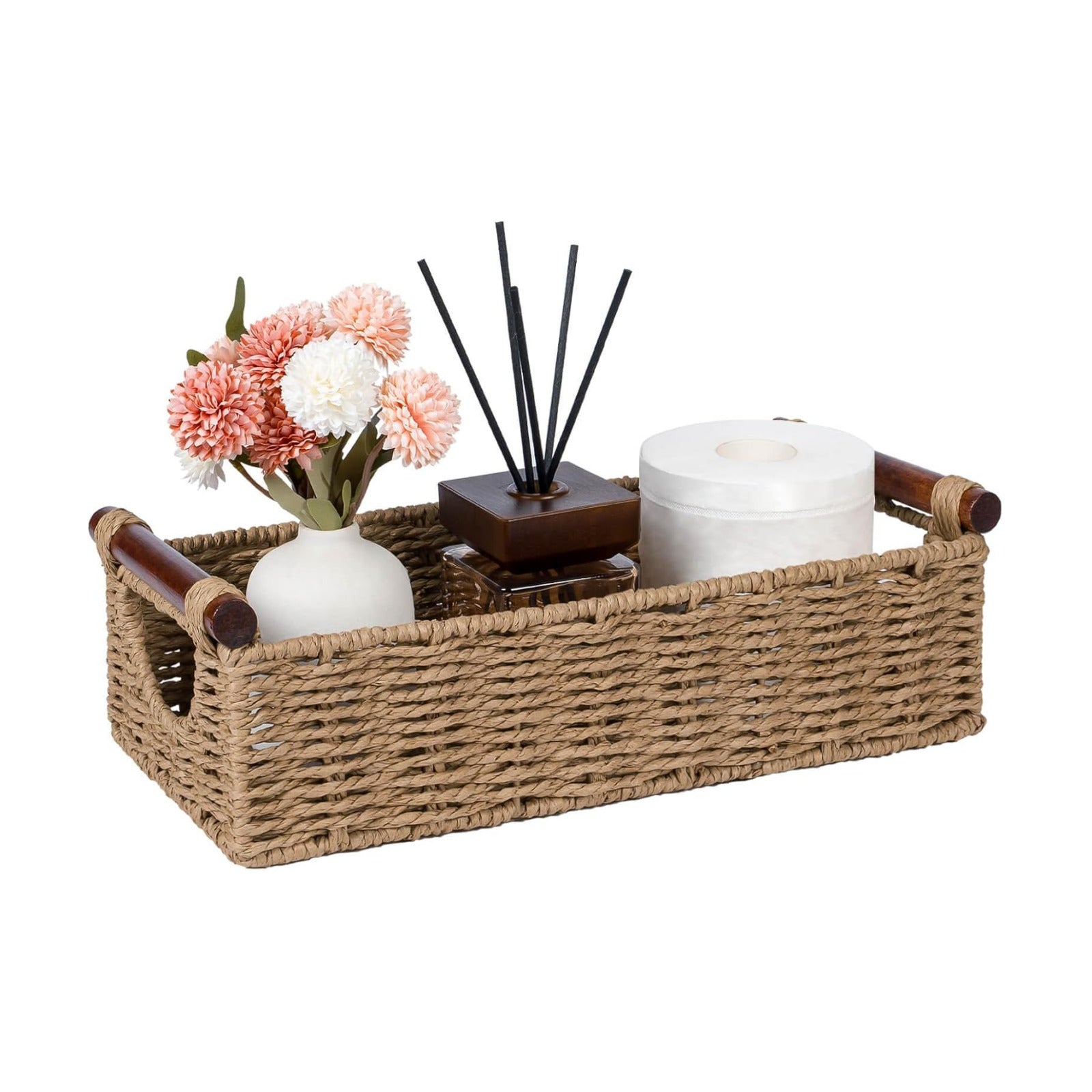 Small Wicker Toilet Basket Tray Organizer W/Cut Out Handle / Neutral / S - 12.99"l x 6.29"w x 3.1"h