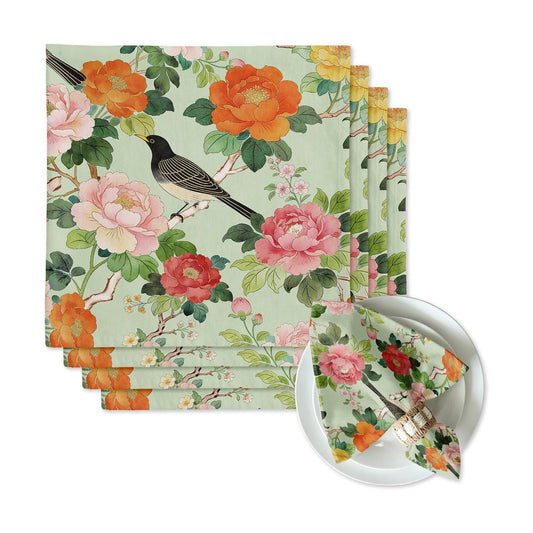 Chinoiserie Peony Bird Dinner Cloth Napkins Set of 4, 18 x 18 Inch Washable Reusable Fabric Napkins, Vintage Gift for Flower Lovers, Tea Party Farmhouse Table Decor