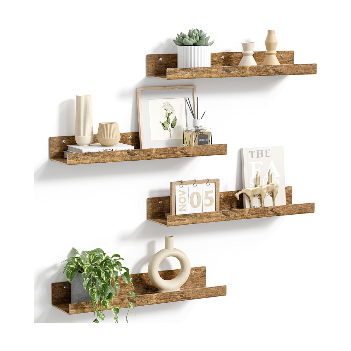 upsimples 4 Pcs 15" Acrylic Shelves for Wall Decor and Display, Rustic Wood | Cute Floating Shelf for Perfume