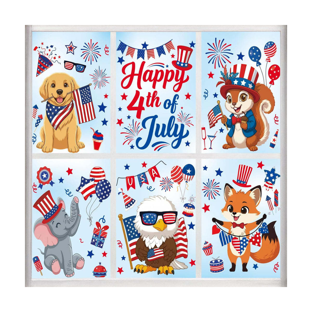 COCHIE Happy 4th of July Window Clings 6 Sheets, Red Blue White Owl Window Decals Stickers for Office Home Classroom Party Decorations, Patriotic Fourth of July Animals Windows Cling (Patriotic)
