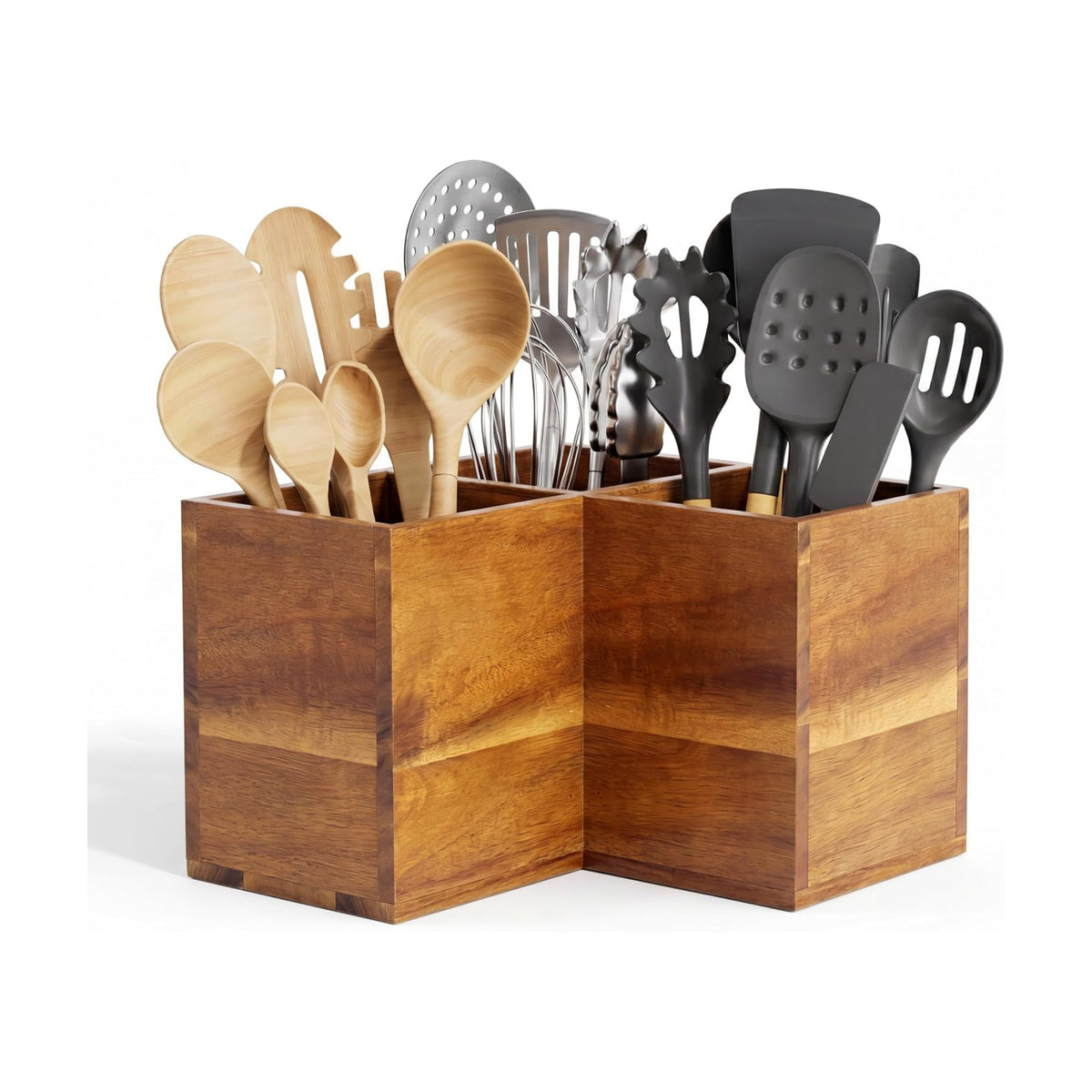ZUJJAFY Utensil Holder, Corner Utensil Holder for Kitchen Counter, Acacia Wood Kitchen Utensil Holder for Countertop