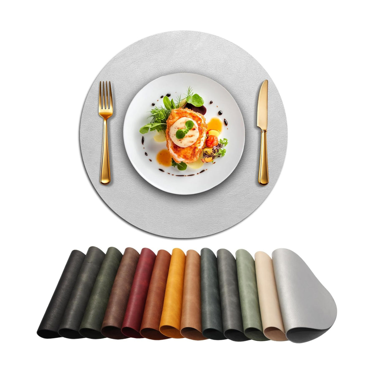 UnivoColors Placemats Round Faux Leather Placemats Set of 8-Waterproof-Wipe Clean-Heat Resistant-Anti Slip Dining Table
