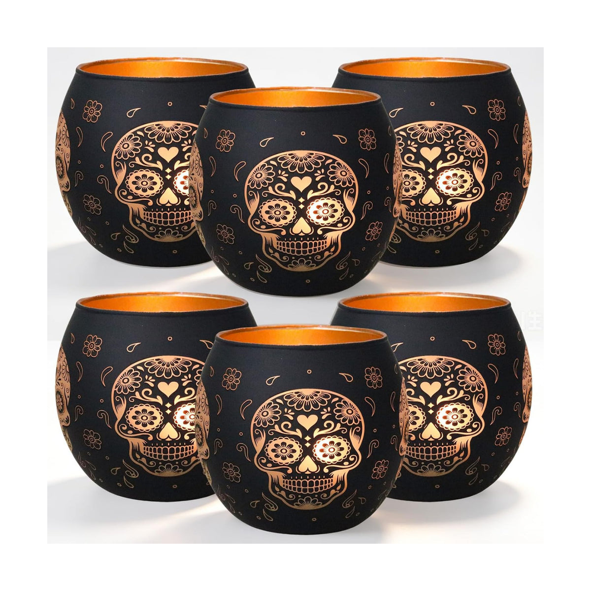 Day of Dead Skull Glass Votive Set, 6-Pack Black Halloween Candle Holder