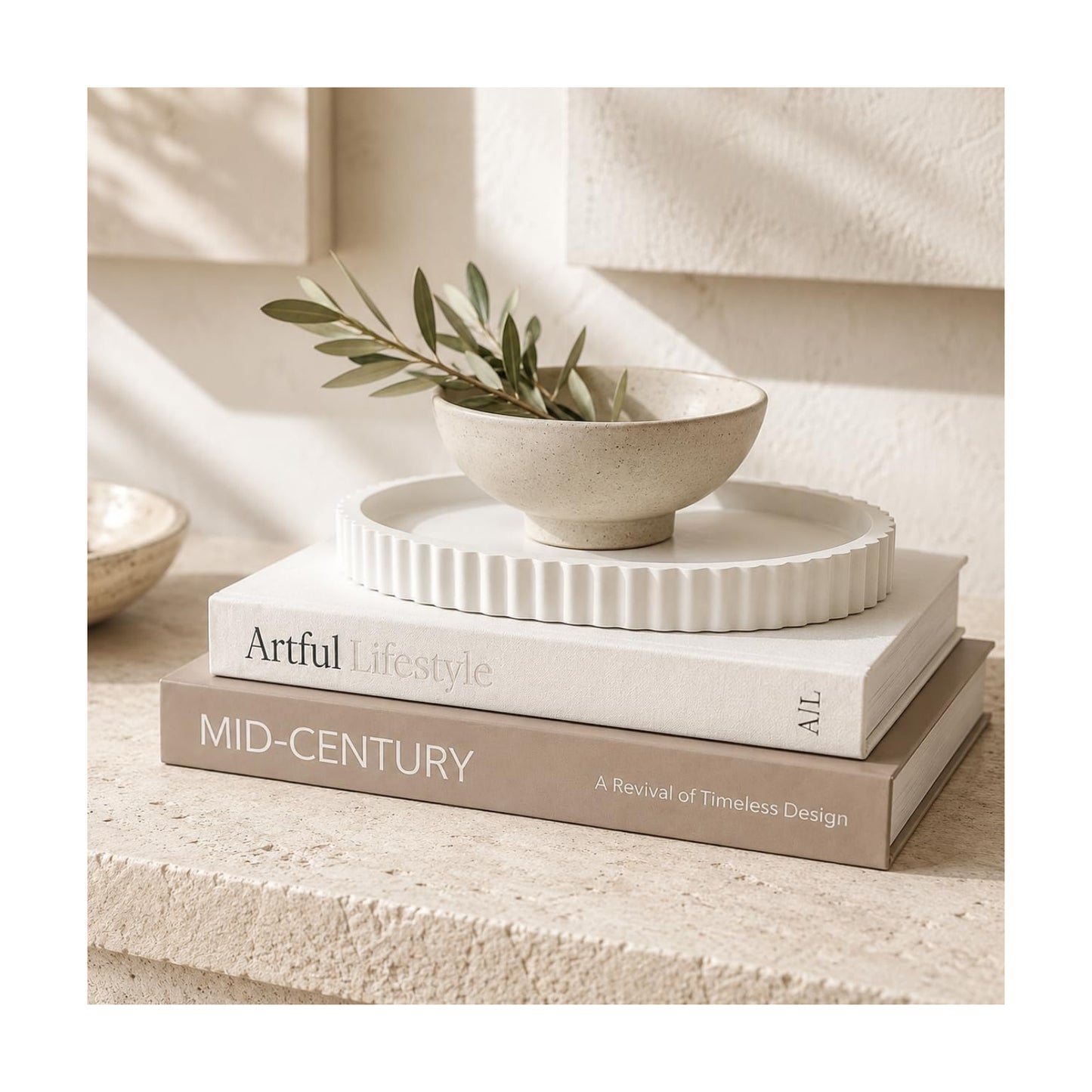 Decorative Book Box and Scalloped Tray Set / Ivory and White