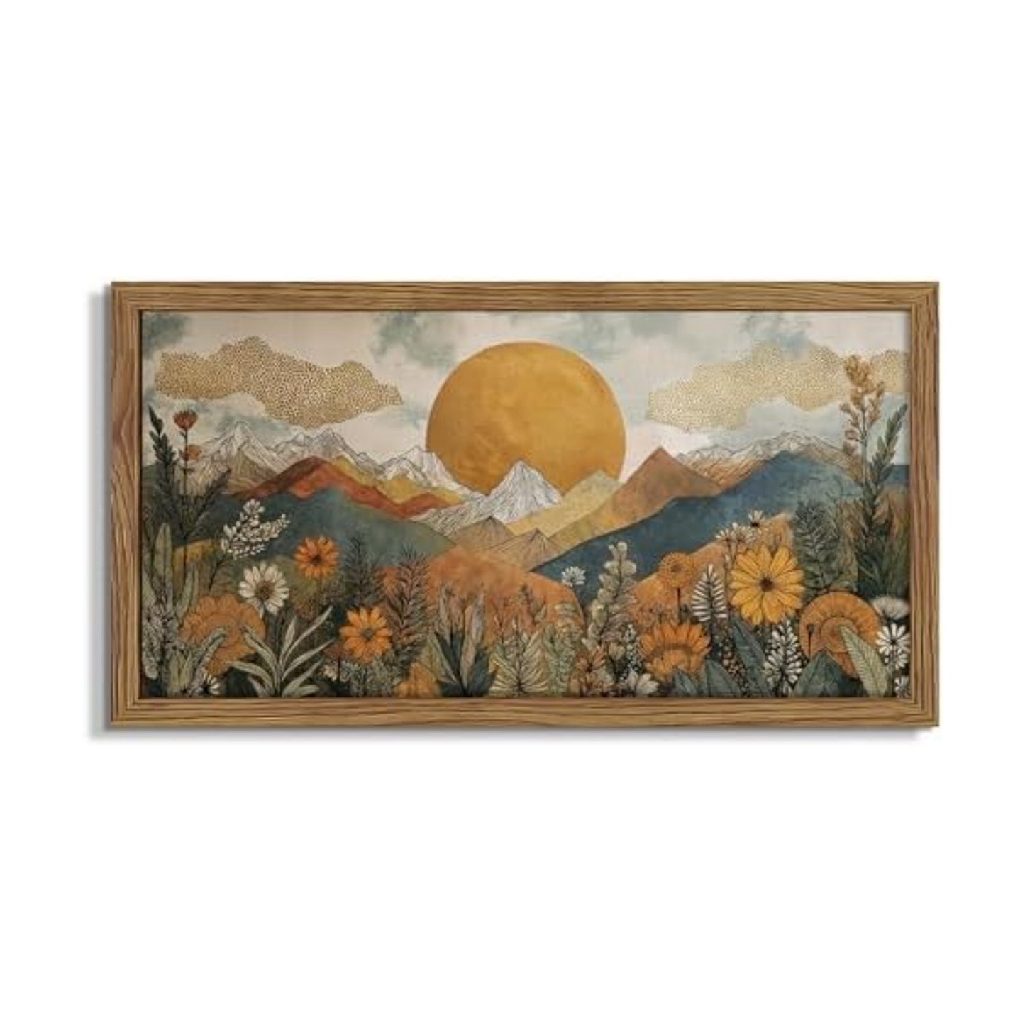 Framed Boho Landscape Large Wall Art, Abstract Sun Mountain Canvas Wall Decor Painting, Modern Floral Botanical