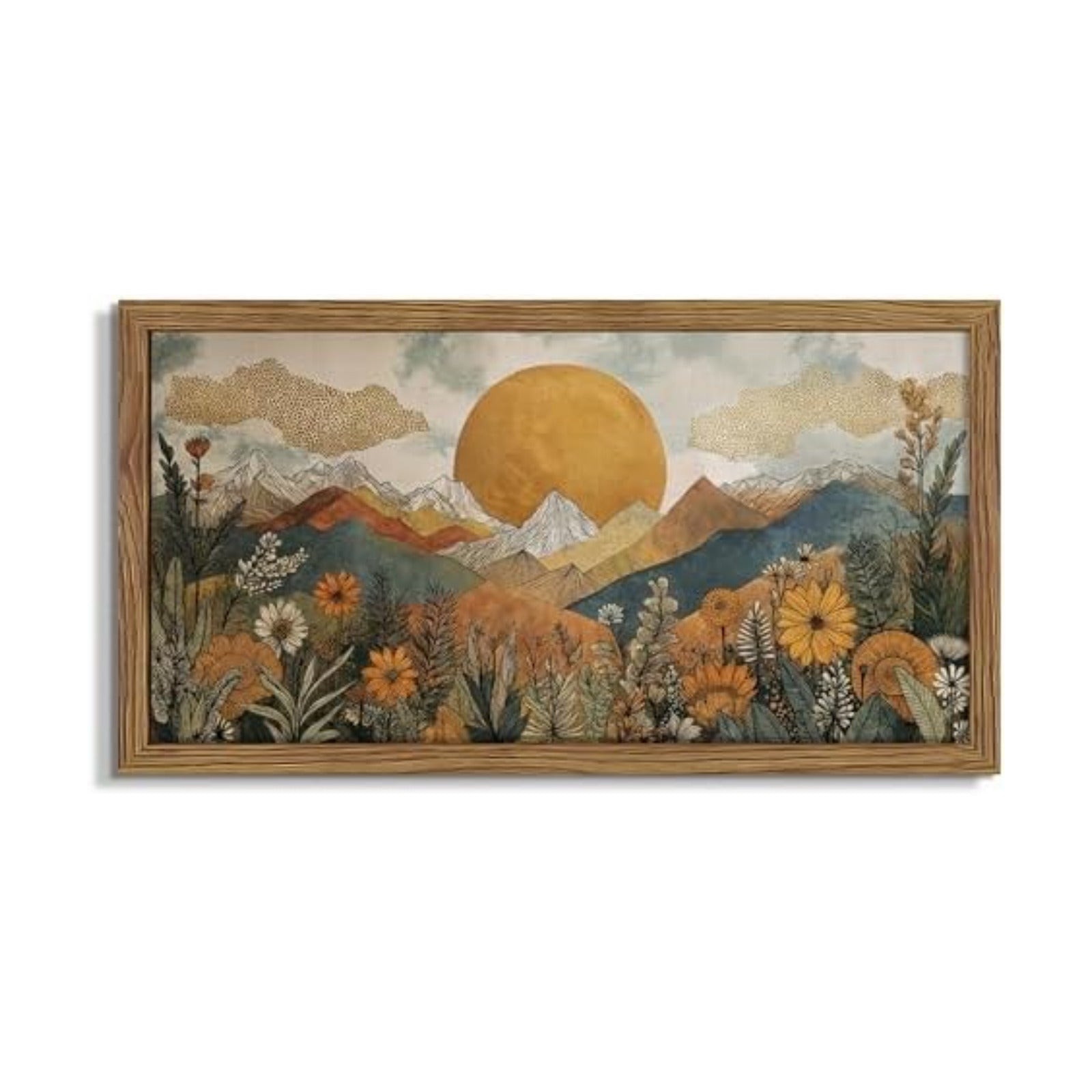 Framed Boho Landscape Large Wall Art, Abstract Sun Mountain Canvas Wall Decor Painting, Modern Floral Botanical