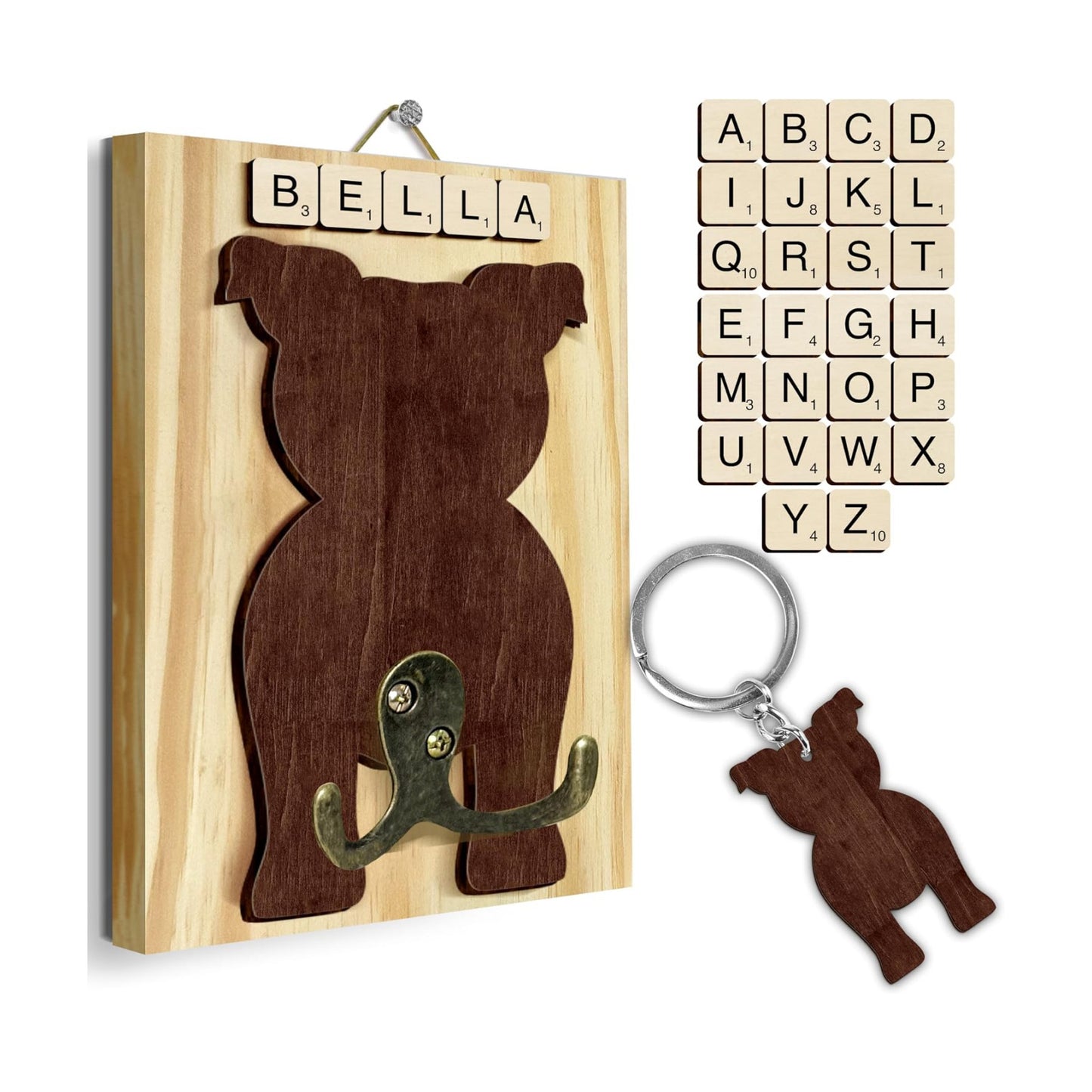 Wooden Dog Wall Hook Organizer / 7.8 x 5.5 / Pitbull