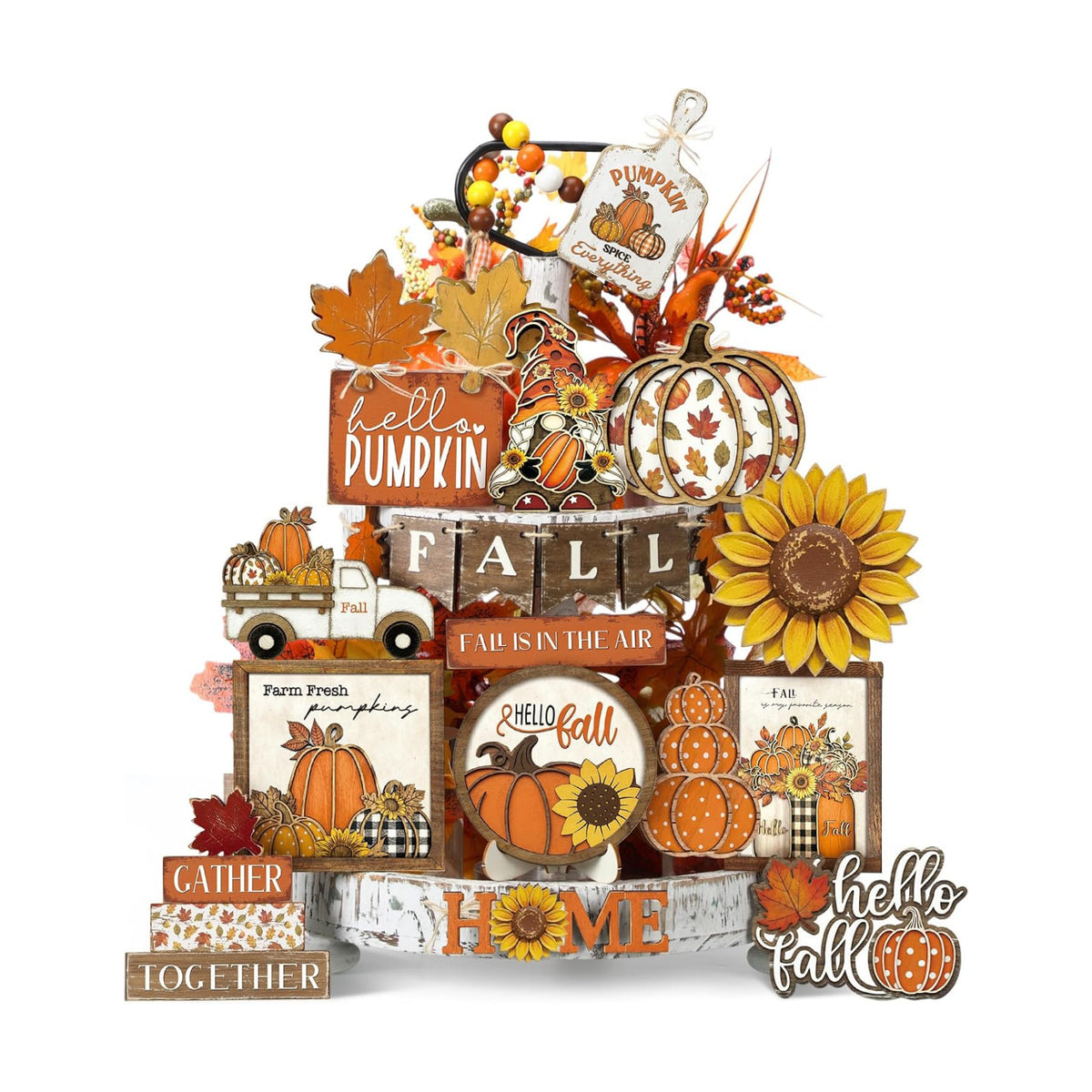 Maitys 21pcs Fall Tiered Tray Decor Set Hello Fall Thanksgiving Wood Sign Pumpkin Sunflower Gnome Farm Truck Wood Bead Garland Rustic Farmhouse Table Centerpieces for Autumn Harvest Home Kitchen Decor