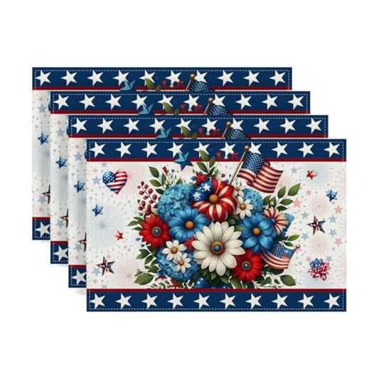 Memorial Day Patriotic 4th of July Placemats Set of 4,Red White and Blue Flowers Table Decor Veterans Day Independence Day Decorations and Supplies for Home Kitchen Table-12×18''