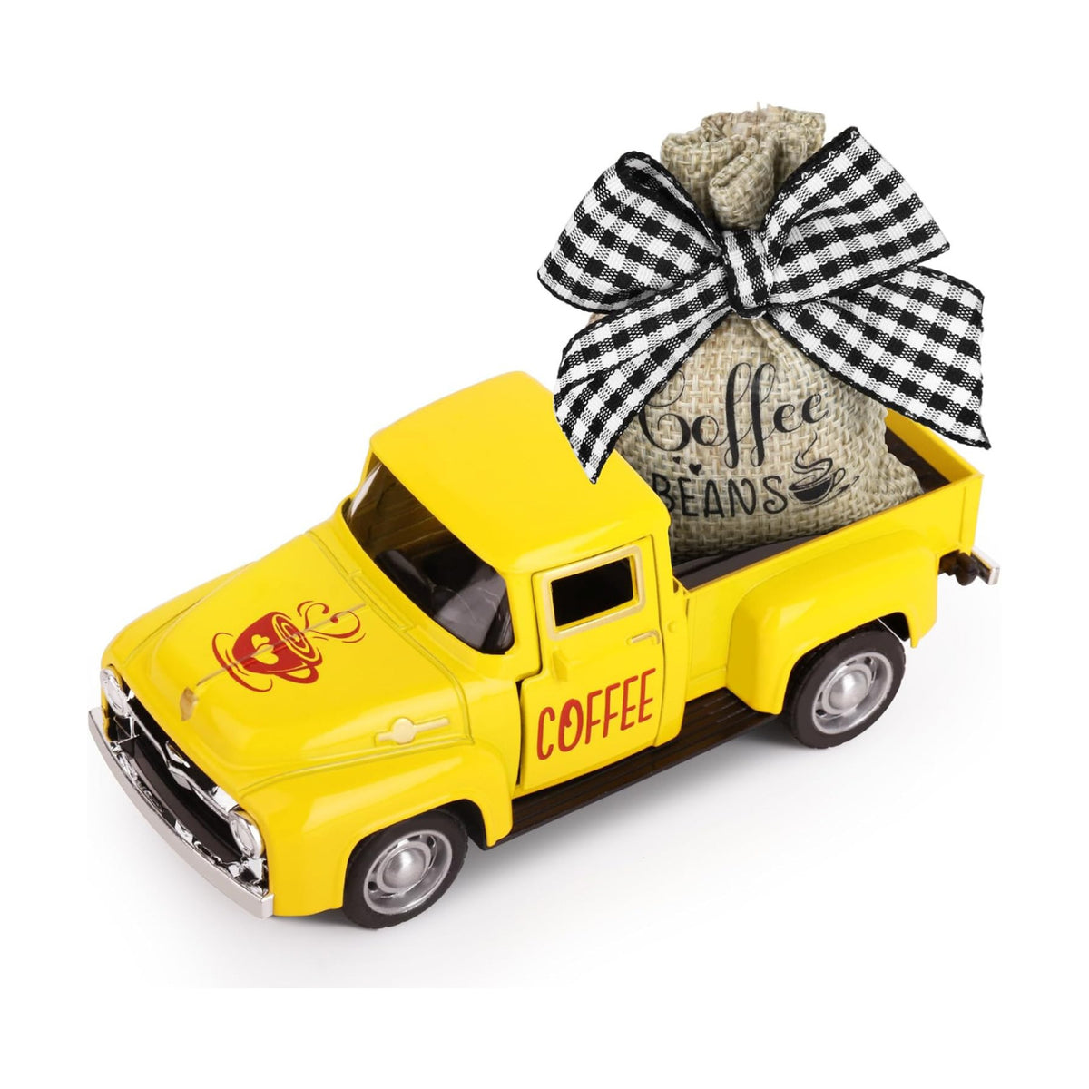 Hooqict Coffee Bar Decor Mini Metal Yellow Truck with Coffee Beans Burlap Sack for Summer Fall Home Farmhouse Kitchen Tiered Tray Decor Coffee Bar Accessories Coffee Station Decoration