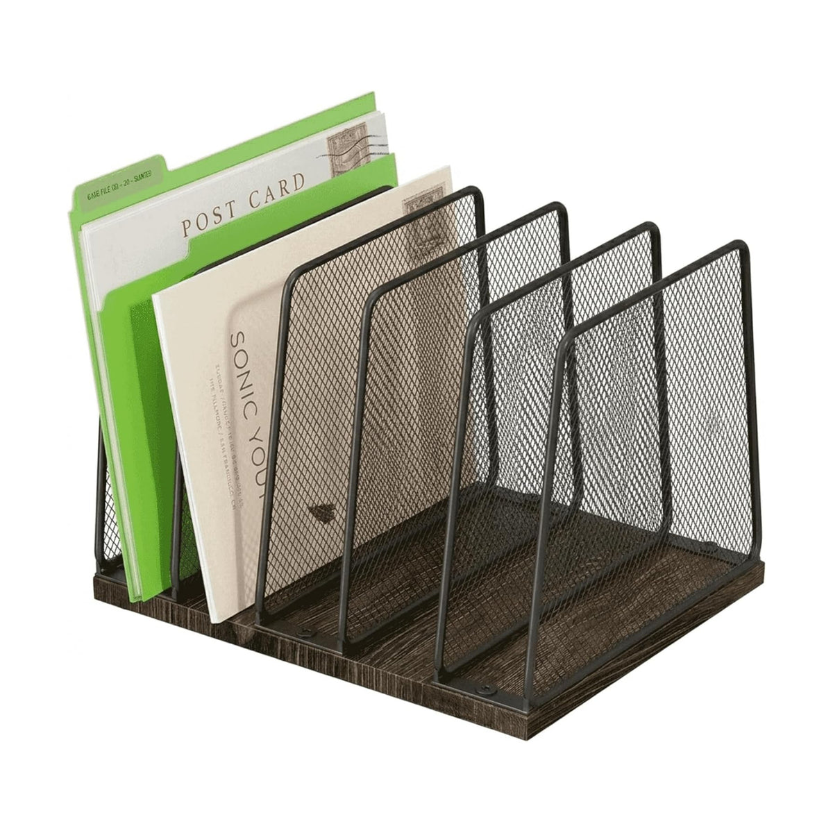 5-Section Vertical File Organizer for Desk, Sturdy Wood Base & Metal Mesh Desktop File Holder, Upright Paper Folder