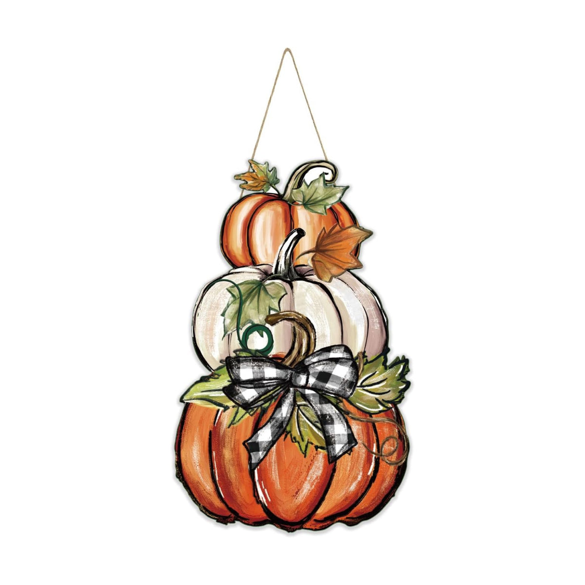 Smile Fall Wooden Door Hanger Stacked Pumpkins and Plaid Bow