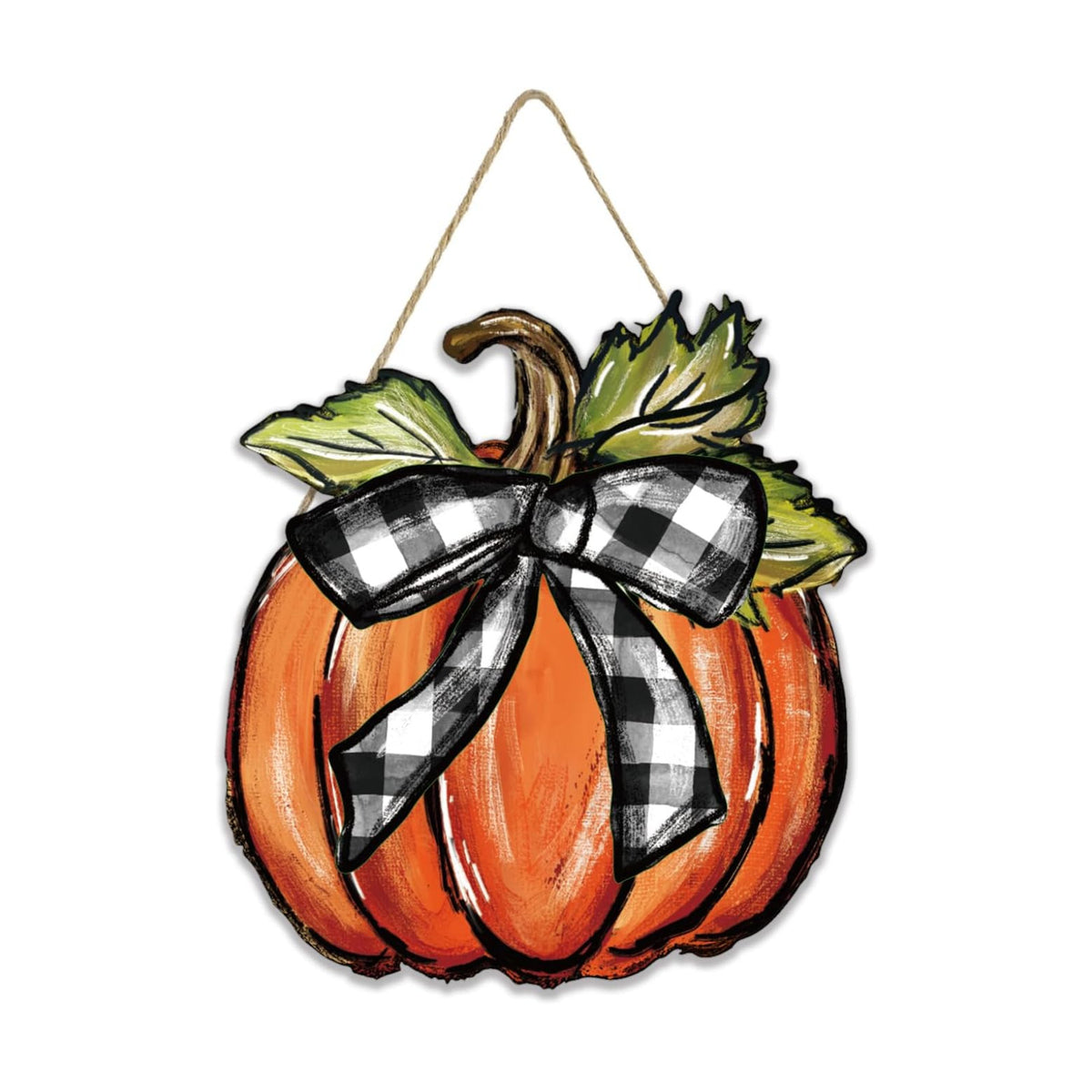 Smile Fall Thanksgiving Wooden Door Hanger Pumpkins Black White Plaid Bow