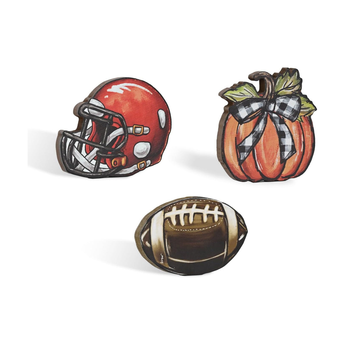 Smile Fall Wooden Tabletop Decor Set, 3-Piece Pumpkin Football Helmet Table Topper Signs for Autumn Harvest Home Decor