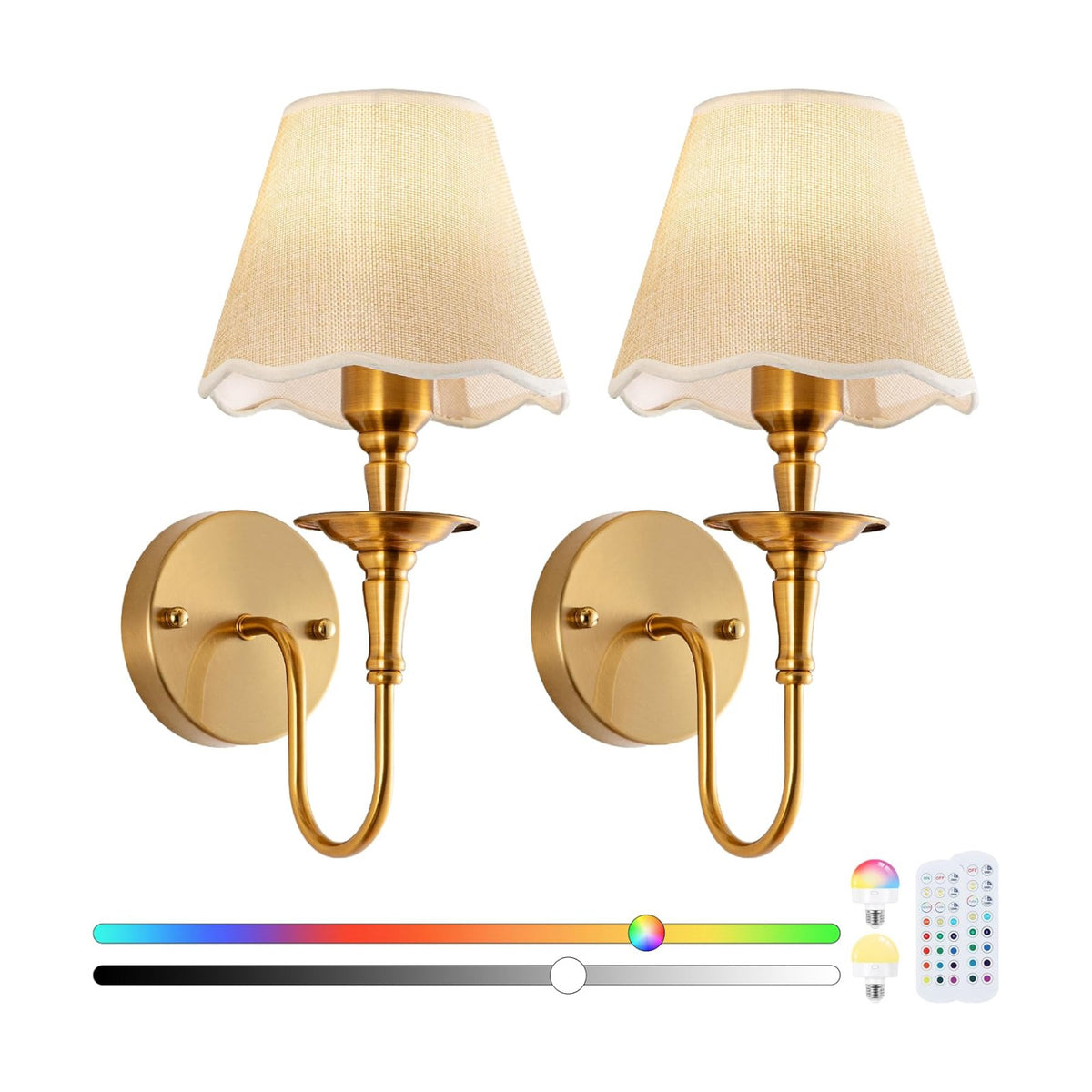 Battery Operated Wall Sconces Set of 2, Rattan Wall Sconce with RGB Rechargeable Dimmable Bulbs, Brass-Color Wireless