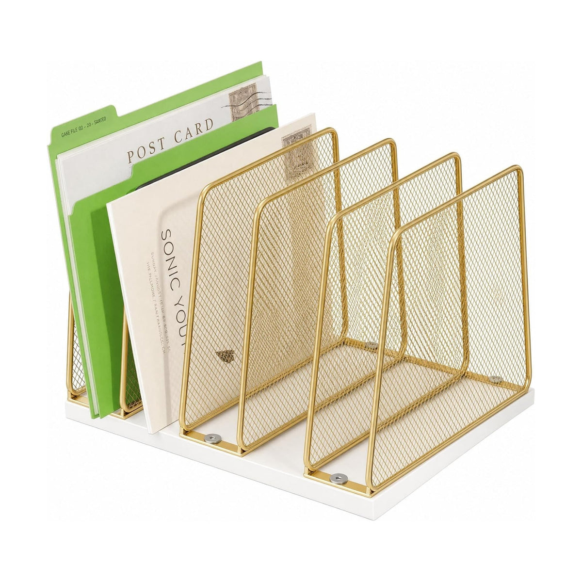 5-Section Vertical File Organizer for Desk, Gold | Sturdy Wood Base, Metal Mesh, Desktop File Holder, Upright Paper