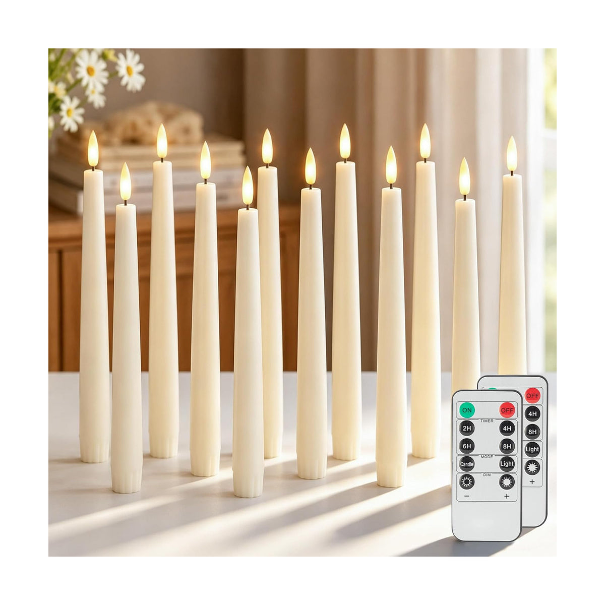 Flameless Taper Candles with Remote, Flickering Battery Operated Candles | Ivory Plastic LED Candlesticks, 9.6 Inches