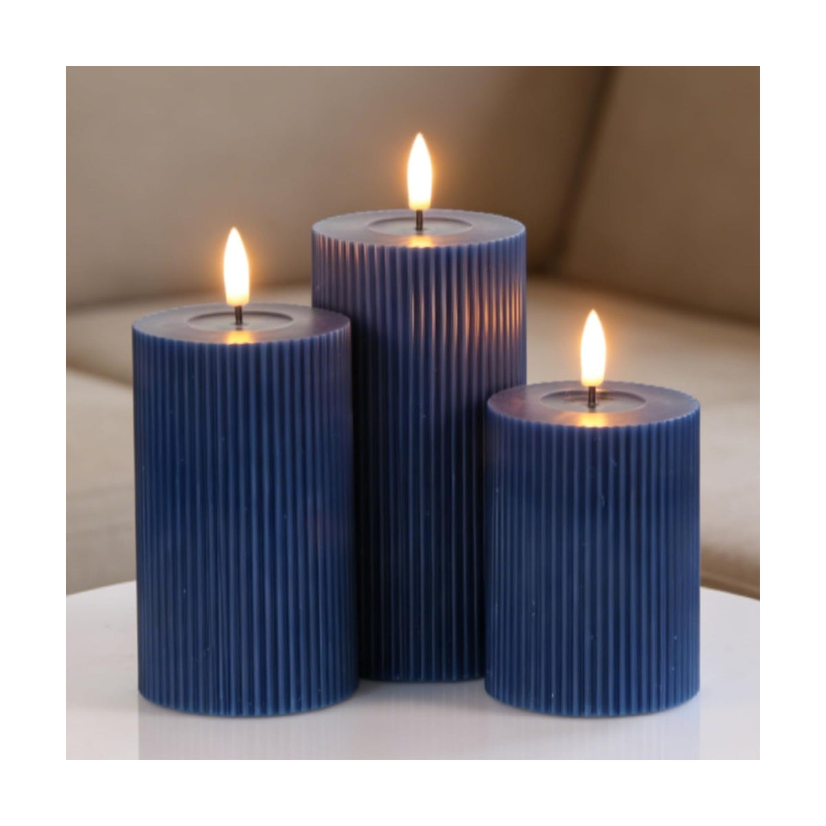 Navy Battery Operated Flameless Candles with 6 Hour Timer | 3D Wick Flickering LED Pillar Candles, Vertical Stripe Wax