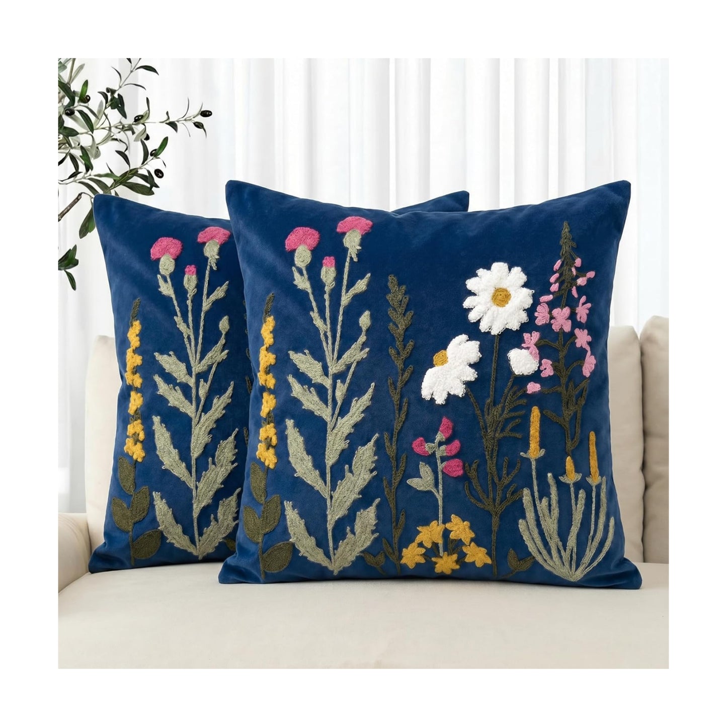 Colorful Flowers / Dark Blue / 18 x 18 / Set of 2