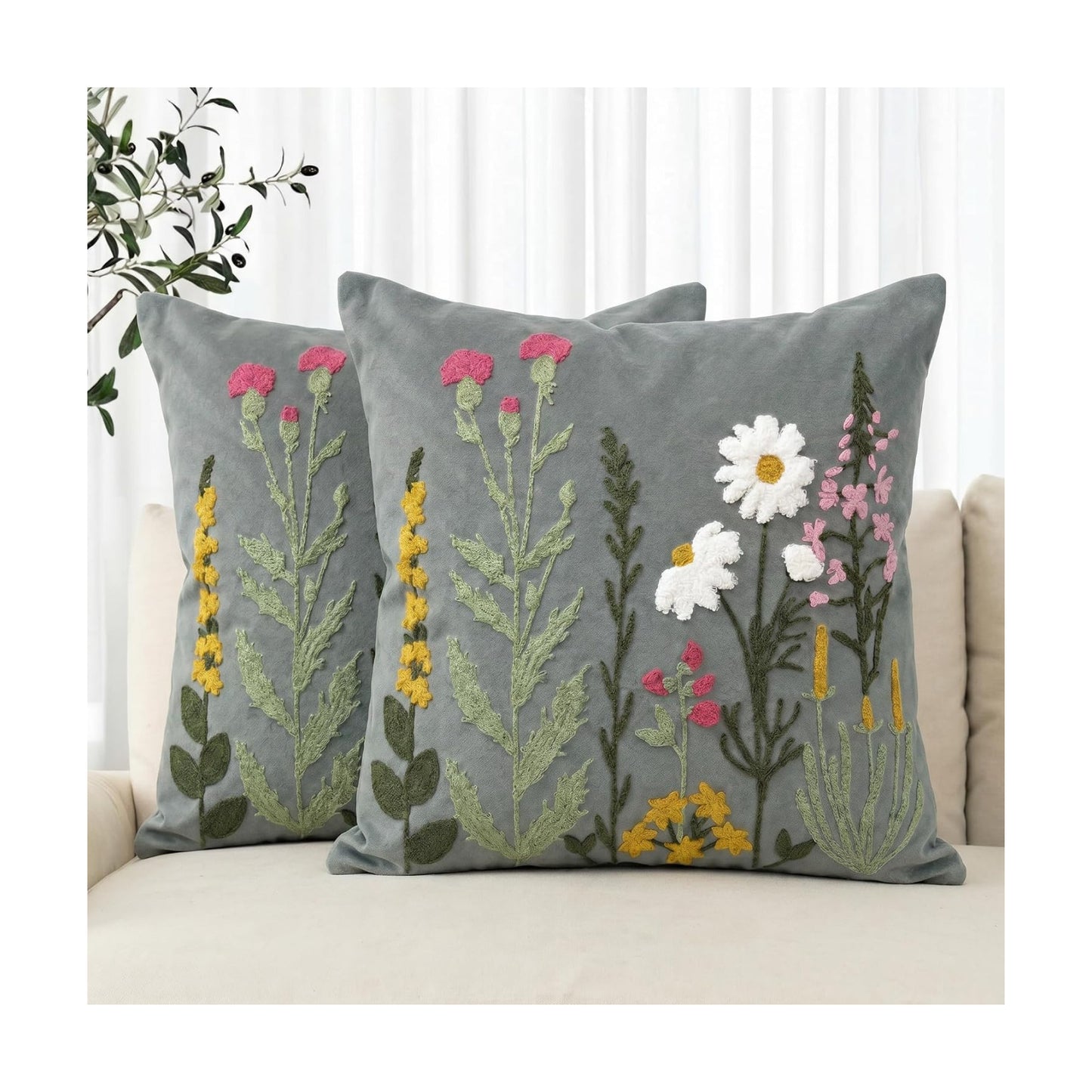 Colorful Flowers Decor / Gray / 18 x 18 / Set of 2
