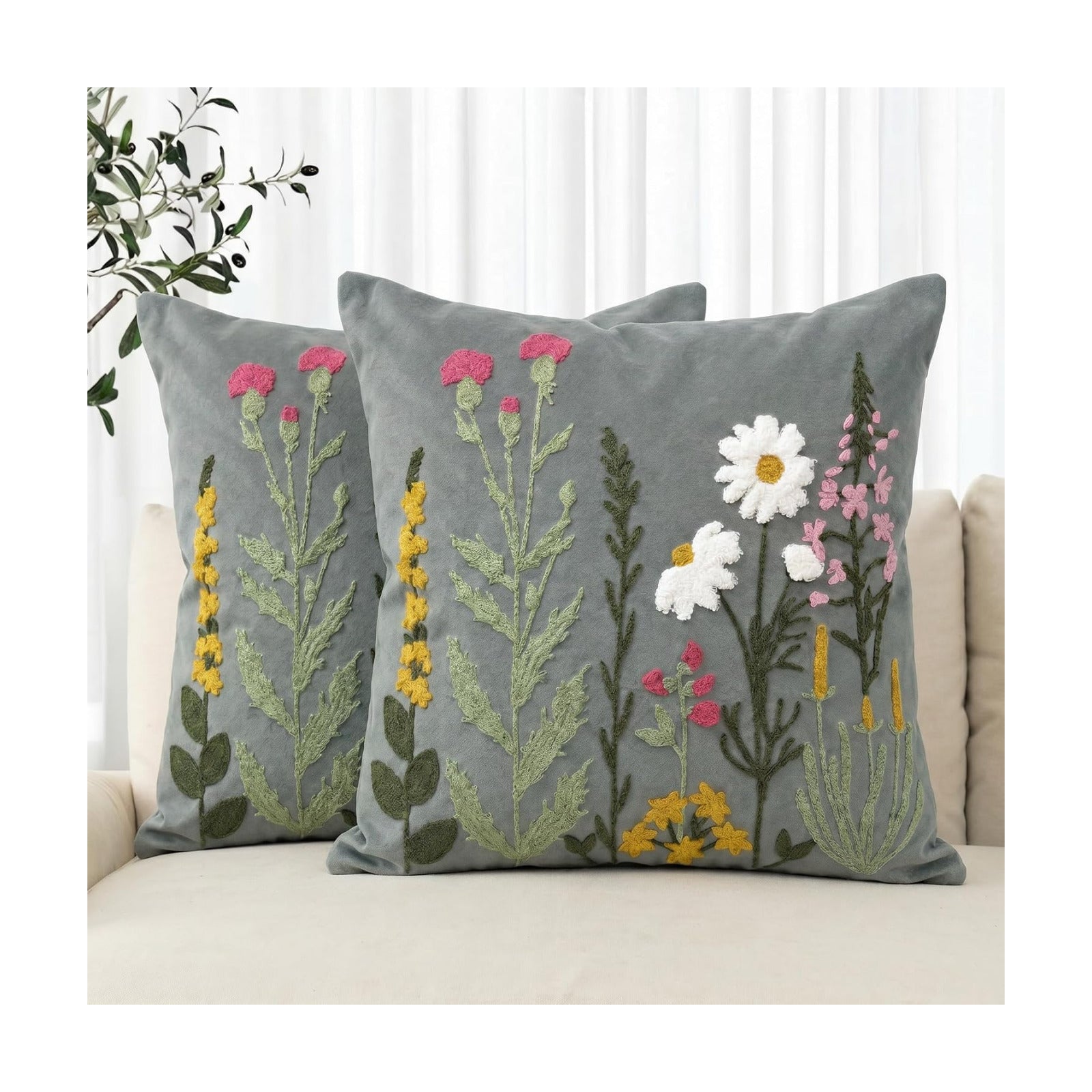 Colorful Flowers Decor / Gray / 18 x 18 / Set of 2