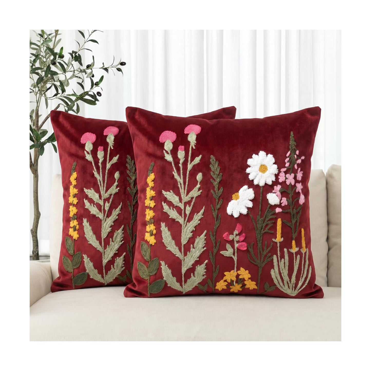 Colorful Flowers / Burgundy Red / 18 x 18 / Set of 2