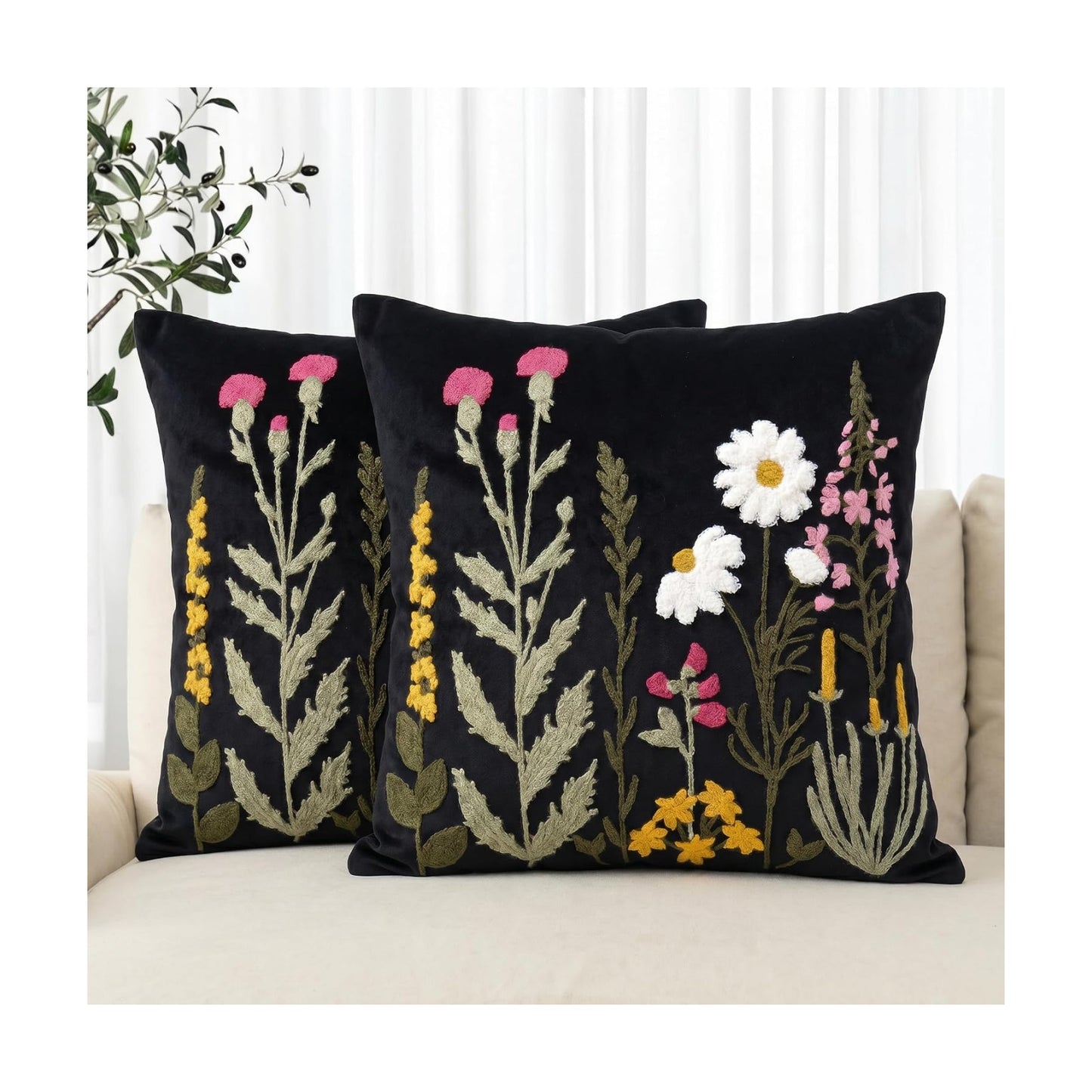 Colorful Flowers Decor / Black / 18 x 18 / Set of 2