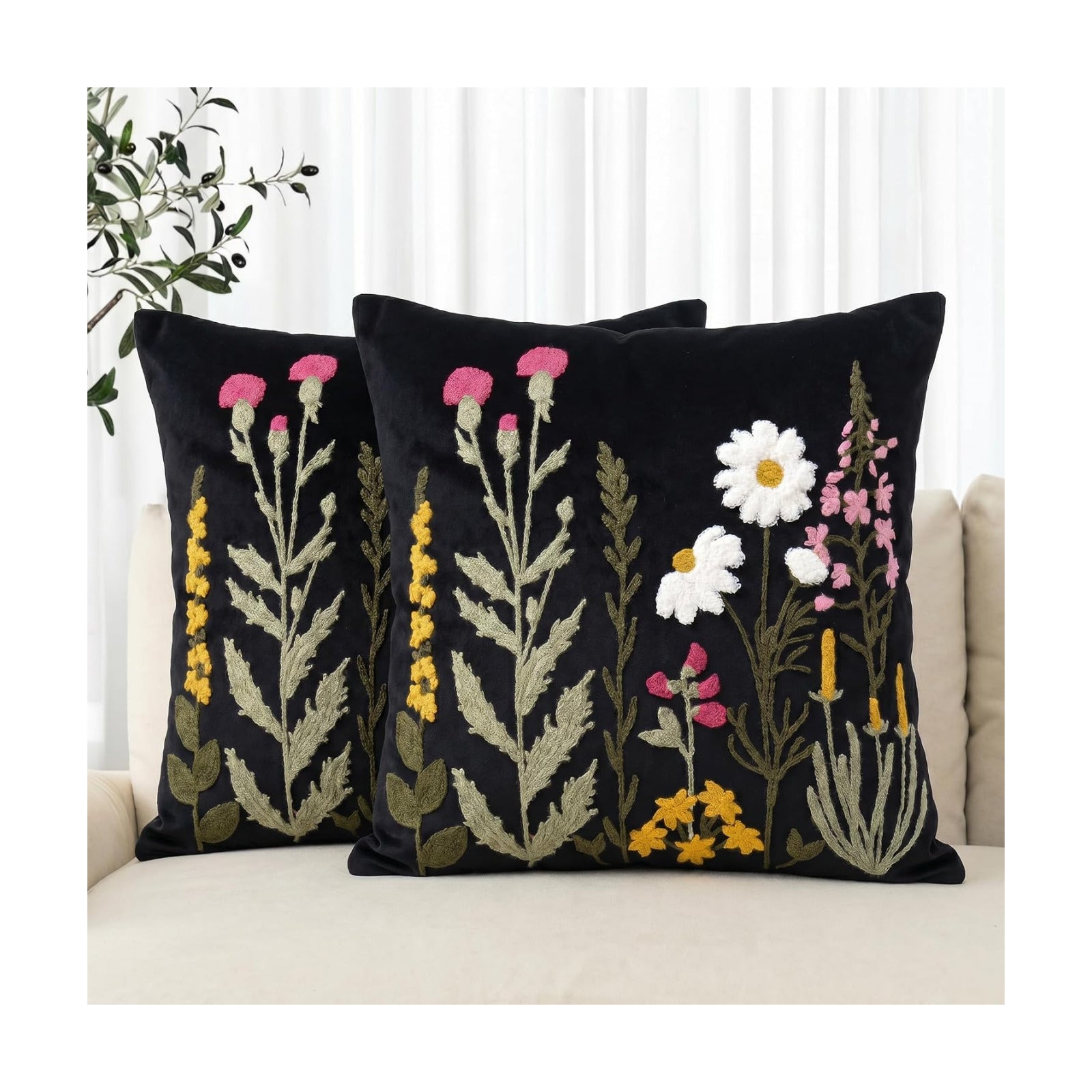 Colorful Flowers Decor / Black / 18 x 18 / Set of 2